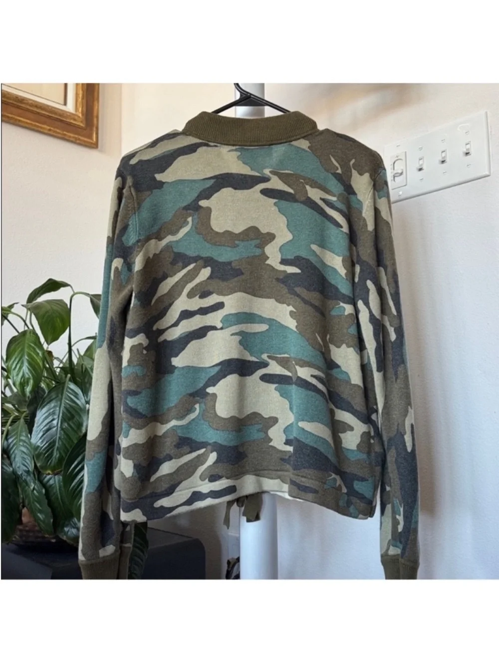 J Crew Knit Wool Blend Full zip Sweater/Jacket Sz S Camo Green Crewneck